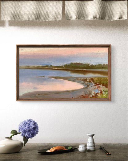 Oil painting Flooded river bank by Tatyana Derdey in wooden frame
