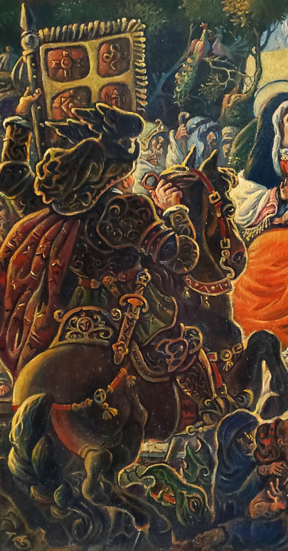Oil painting Adoration of the Magi by Daniil Litvinov with ornate dark horse