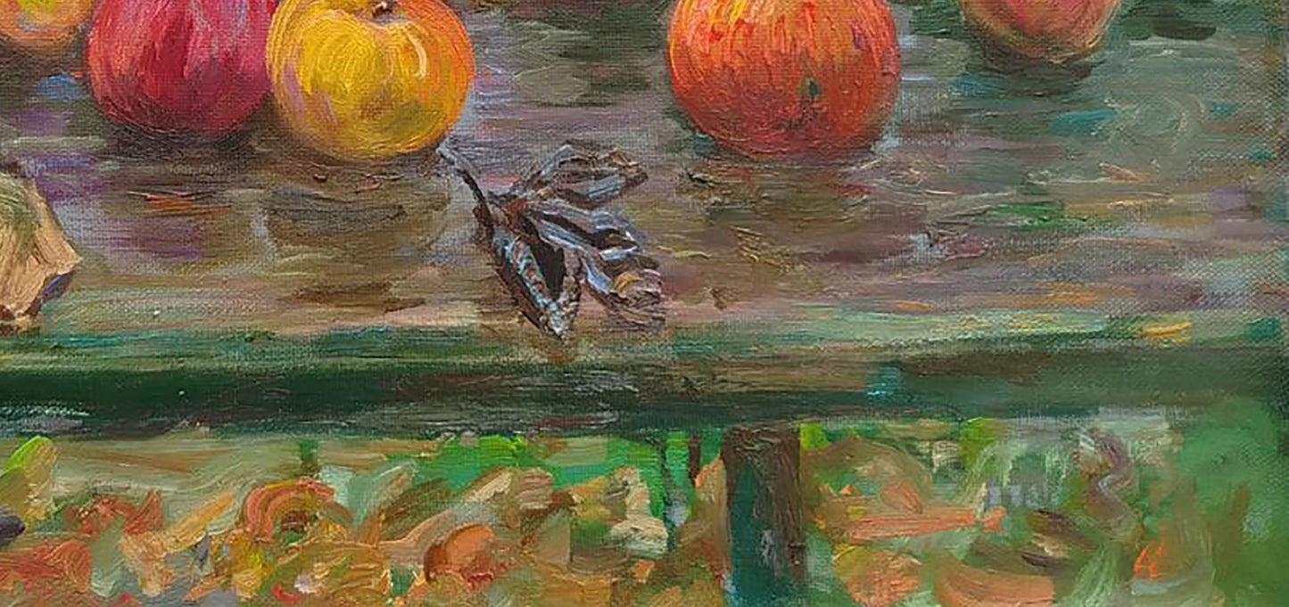 Oil painting Apples after the rain by Leonid Pavlenko with dark butterfly