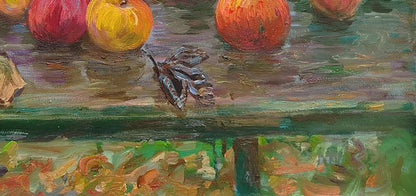 Oil painting Apples after the rain by Leonid Pavlenko with dark butterfly