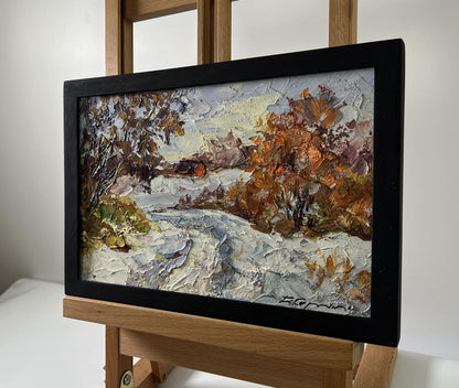 Oil painting Snowy road in the forest by Boris Serdyuk, textured snowy landscape