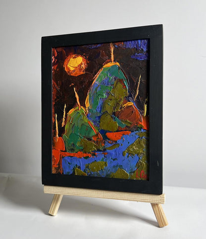 Oil painting Yellow moon in the field by Oleksiy Ivanyuk in black frame
