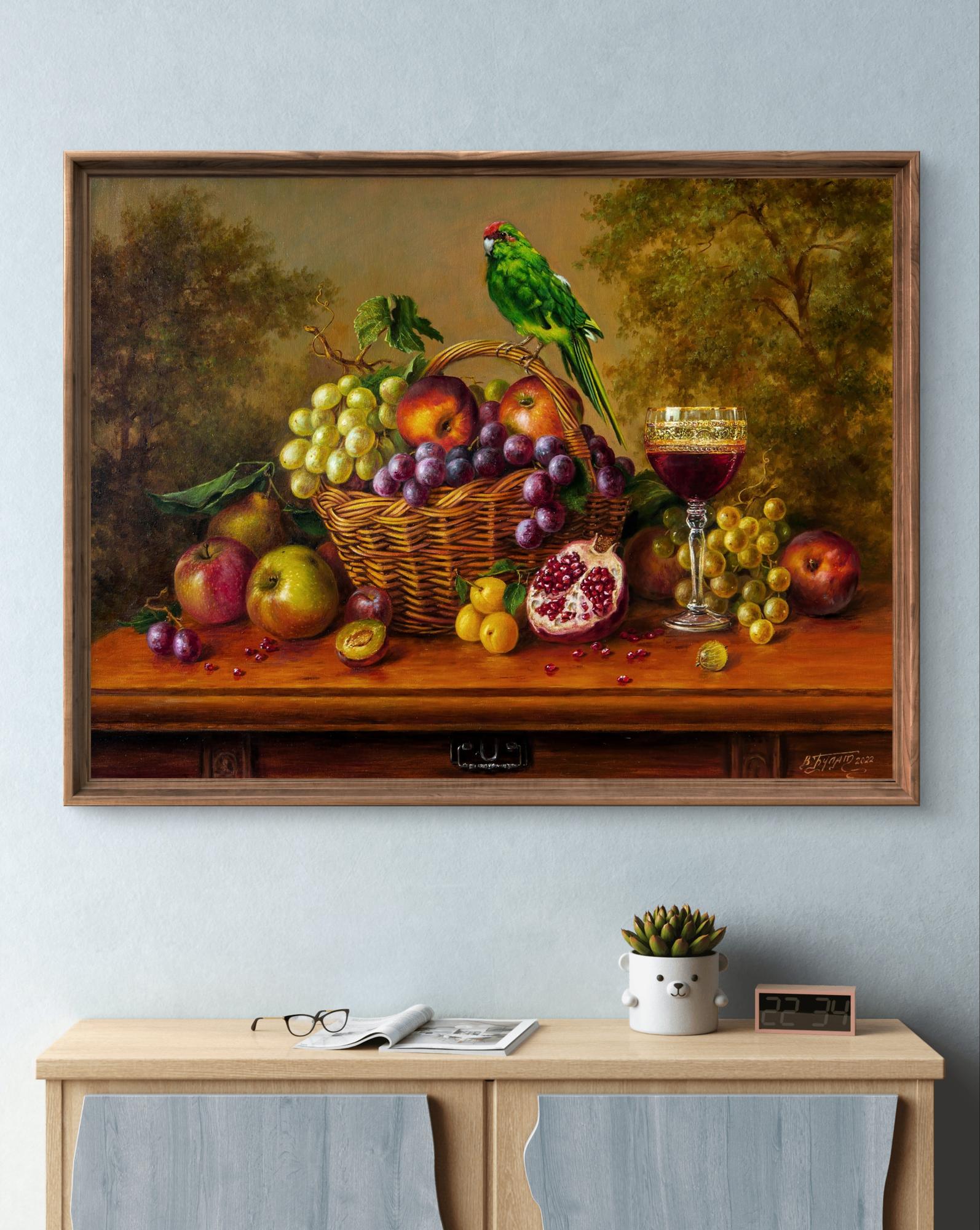 Vibrant green parrot on fruit-filled wicker basket oil painting by Valeriy Bulat