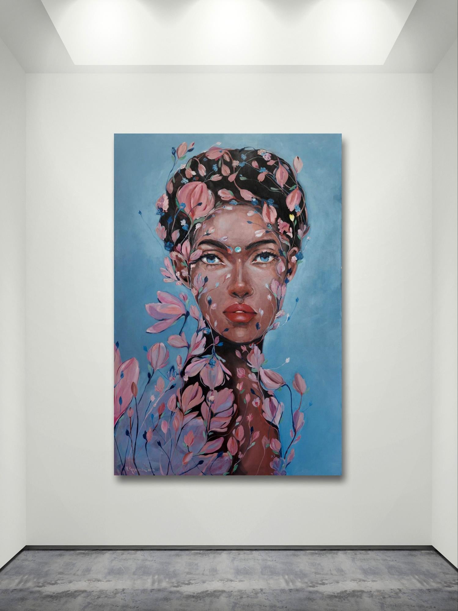 Oil painting Transformation by Victoria Kagalovska: woman with pink blossoms