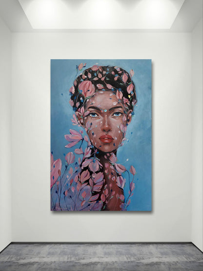 Oil painting Transformation by Victoria Kagalovska: woman with pink blossoms