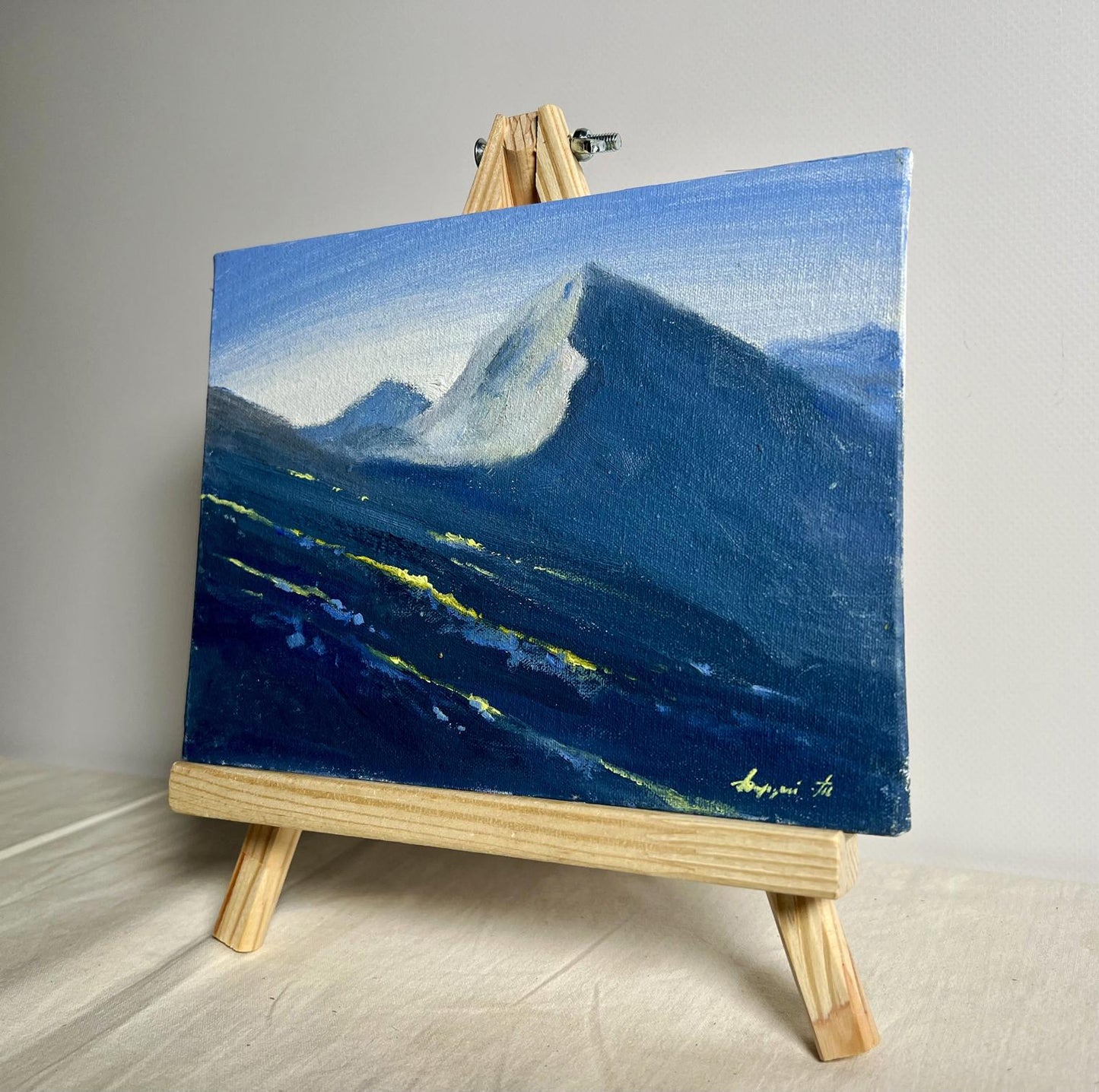 Oil painting Overlooking the snow-capped mountains by Tatyana Derdey on easel