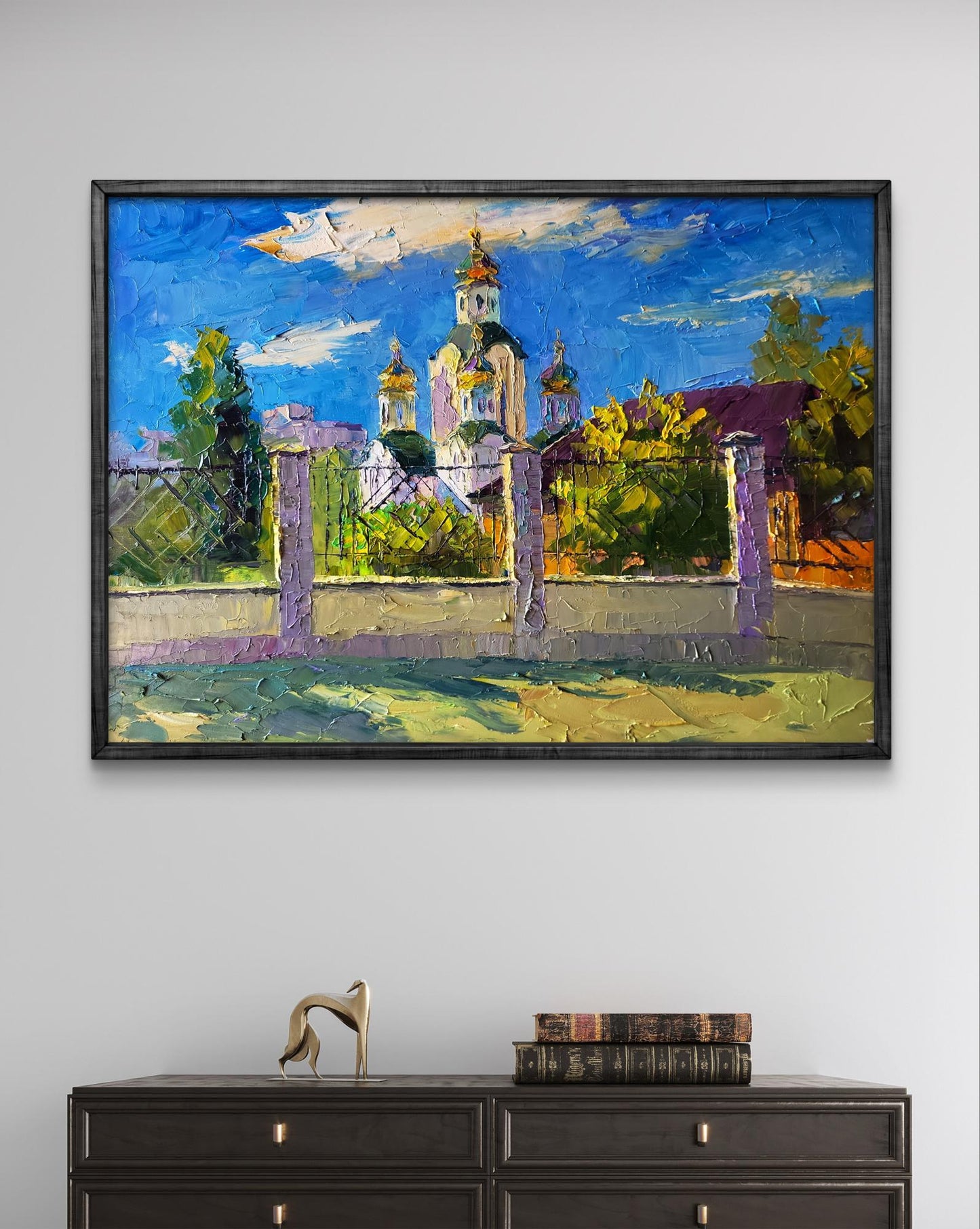 Vibrant impressionist oil painting of Boris Serdyuk church on sunny day in dark frame