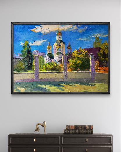 Vibrant impressionist oil painting of Boris Serdyuk church on sunny day in dark frame