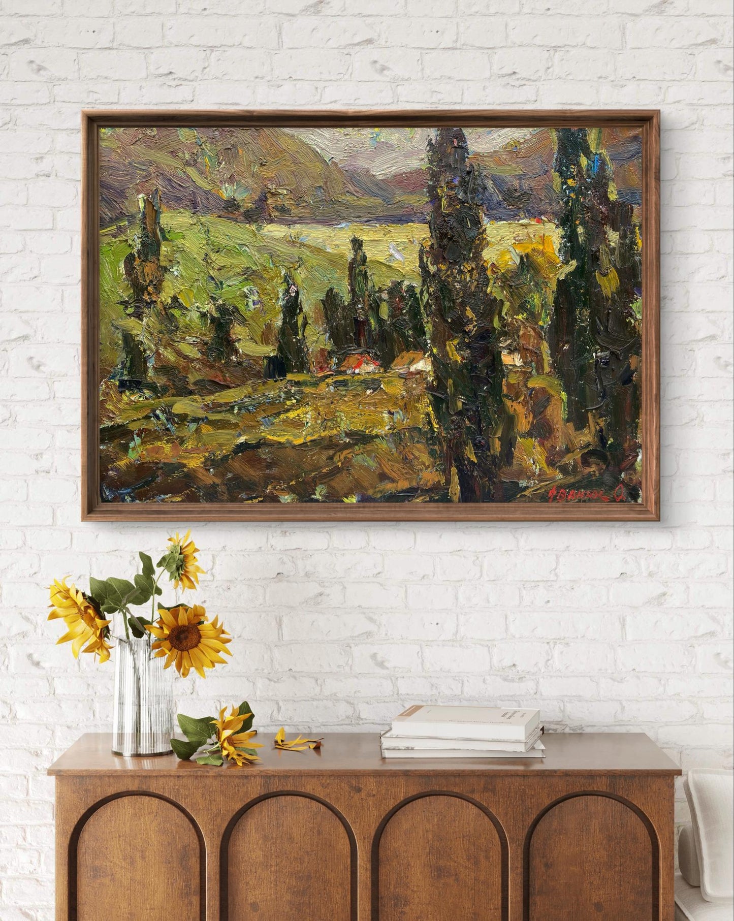 Oil painting Evening in the mountains by Oleksiy Ivanyuk, cypress landscape