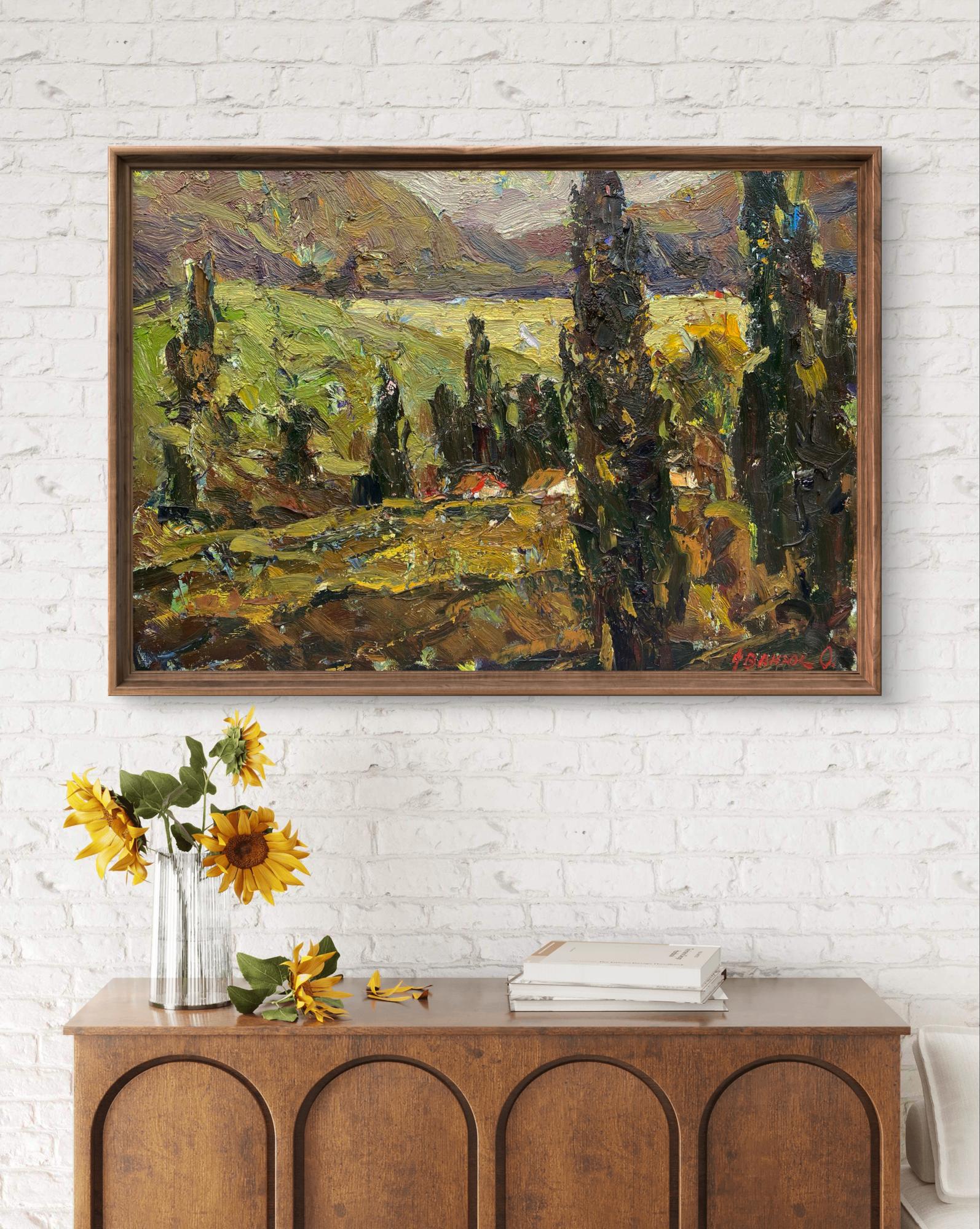 Oil painting Evening in the mountains by Oleksiy Ivanyuk, cypress landscape
