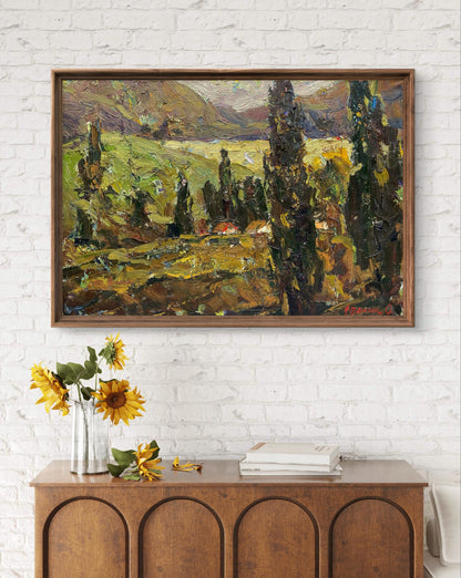 Oil painting Evening in the mountains by Oleksiy Ivanyuk, cypress landscape