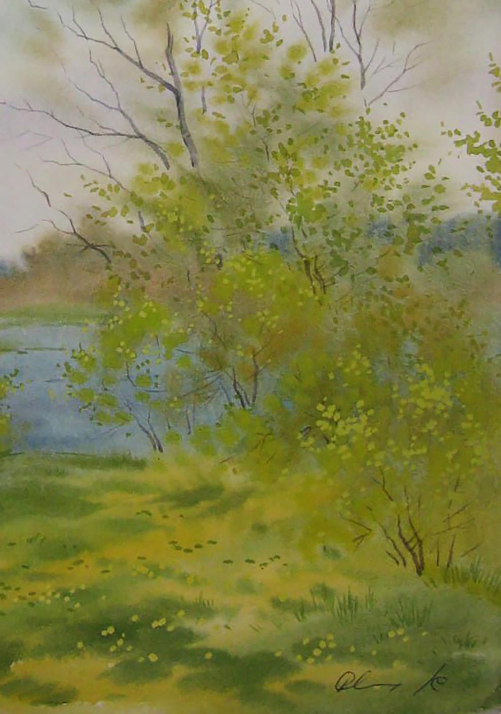 Watercolor painting Spring Breeze by Valery Savenets lush green landscape