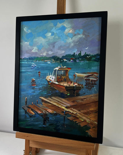 Framed oil painting of old wooden pier into sea by Yuriy Suprunchuk