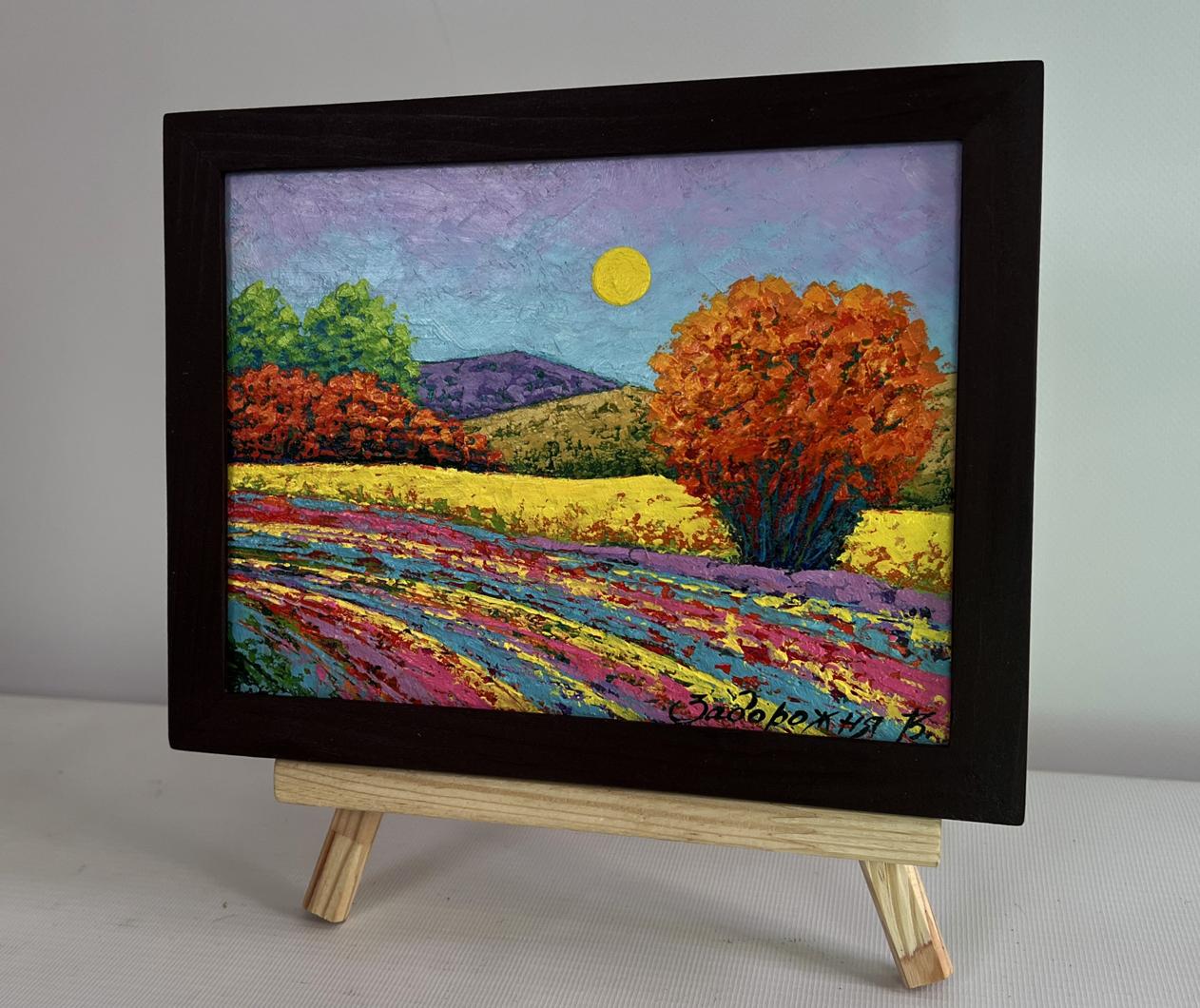 Oil painting Flower fields near the plains by V. Zadorozhnya in black frame