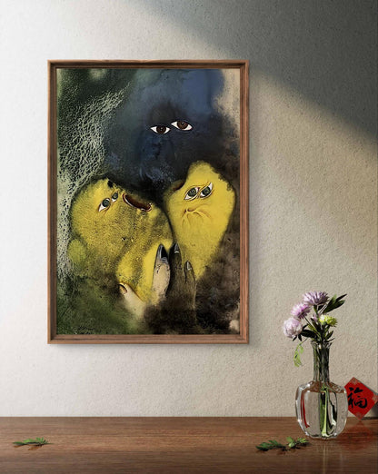 Framed abstract watercolor by Dmytro Startsev: three yellow expressive face-like creatures on dark textured background
