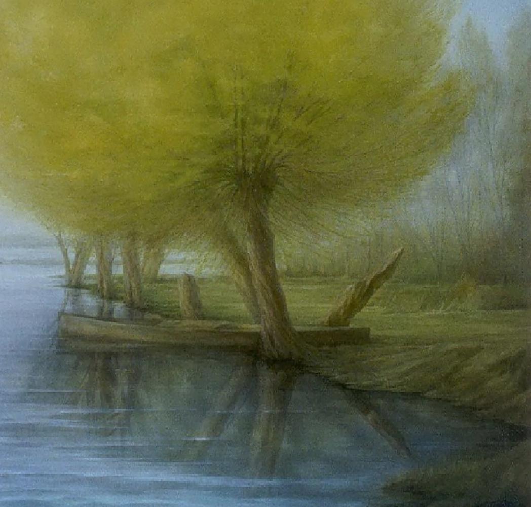 Serene oil painting Quiet river bank by Vasily Korkishko, yellow trees by river