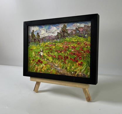 Oil painting In the poppy fields by Oleksiy Ivanyuk in black frame on easel