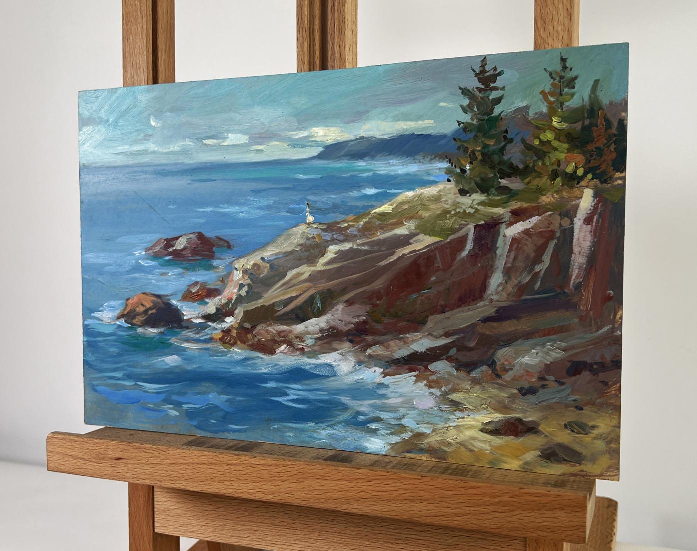 Oil painting Between the Sky and the Sea by Yuriy Suprunchuk coastal cliffs waves trees