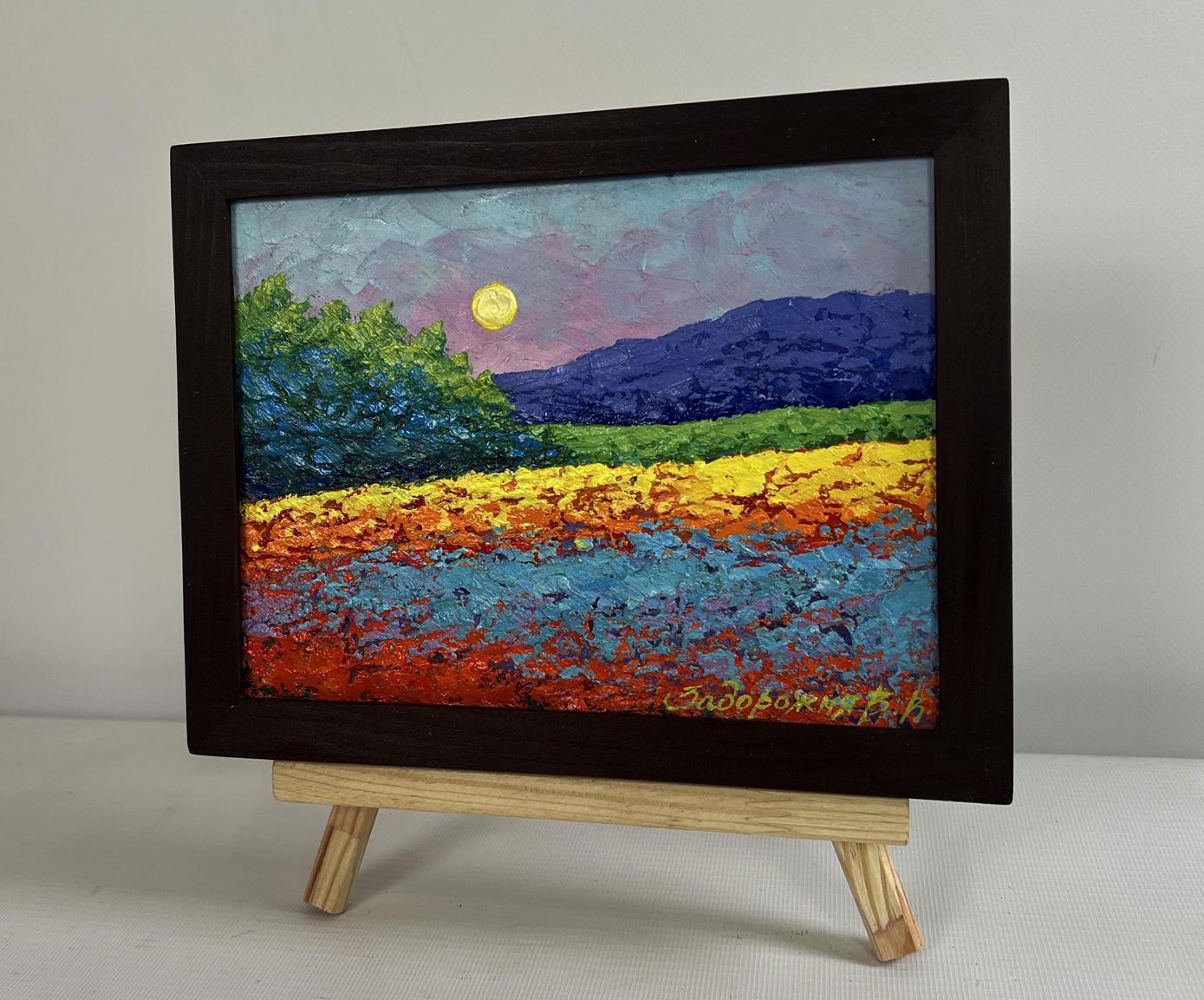 Oil painting by V. Zadorozhnya: golden moon over purple mountains in sunset glow