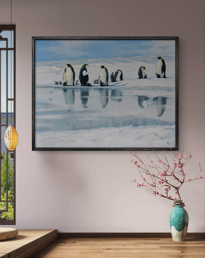 Framed oil painting of penguin colony on ice with reflections by Oleg Kateryniuk