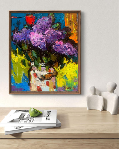 Oil painting of vibrant purple lilac bouquet in speckled vase by Oleksiy Ivanyuk