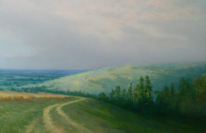 Serene oil painting by Vasily Korkishko: green hills, path, cloudy sky
