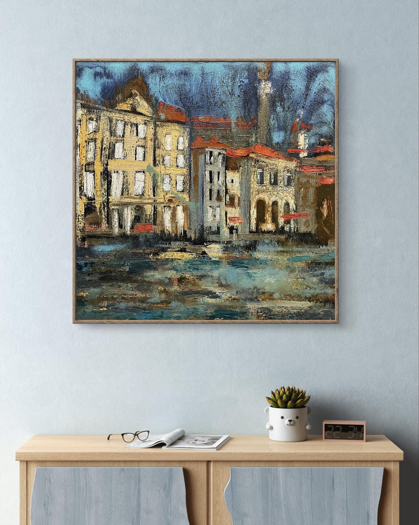 Framed Oil painting Outside after the rain by Serhiy Kovalev, rainy cityscape