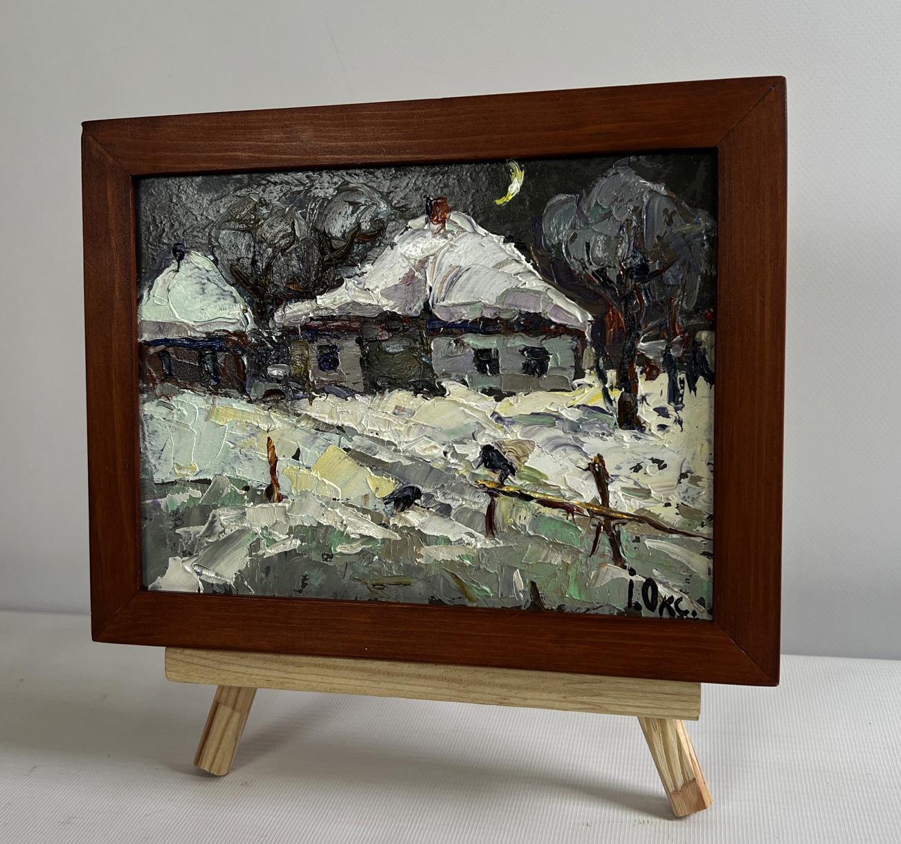 Oil painting Moonlit winter night by Oksana Ivanyuk snowy village scene