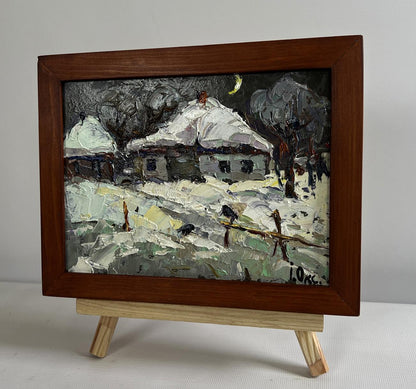 Oil painting Moonlit winter night by Oksana Ivanyuk snowy village scene