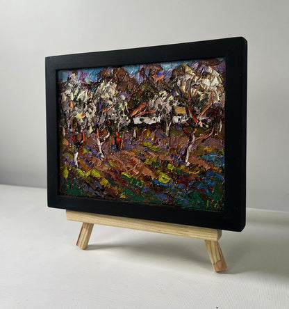 Vibrant miniature oil painting of horses in motion by Oleksiy Ivanyuk in black frame