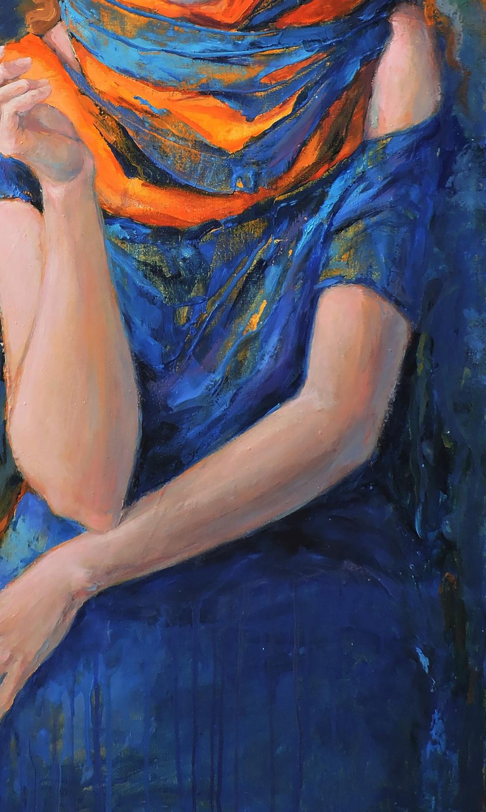Oil painting of relaxing portrait of girl by Oksana Osnach with vibrant scarf