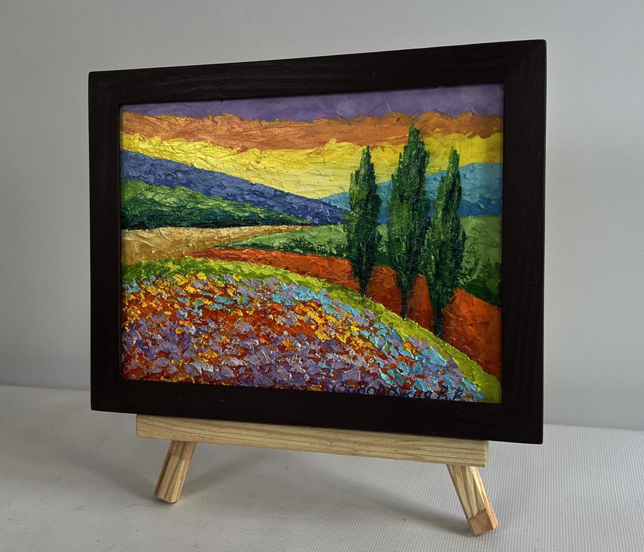 Vibrant oil painting of flower fields sunset by V. Zadorozhnya in black frame