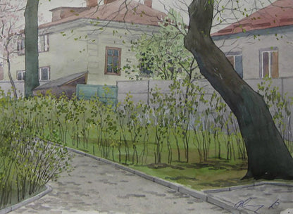 Watercolor painting of spring city streets by Valery Savenets