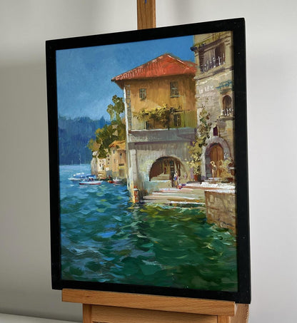 Oil painting Coastal Comfort by Yuriy Suprunchuk, sunlit waterfront village