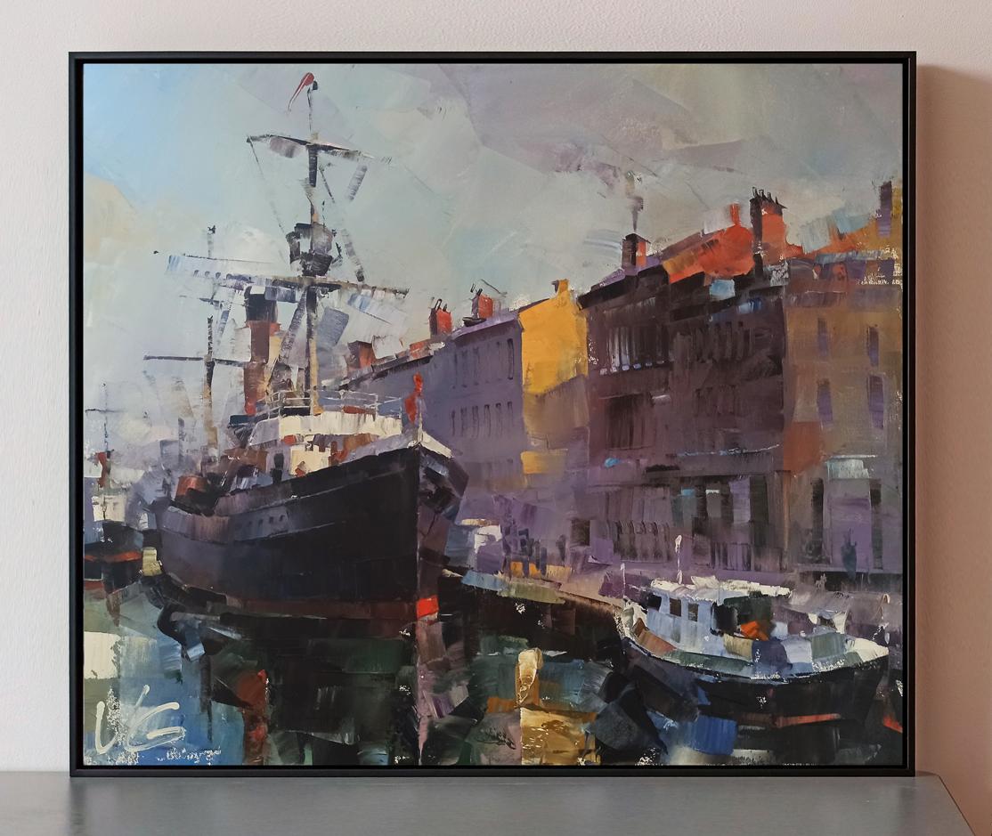 Oil painting Morning Breath by Volodymyr Gluhomanyuk, impressionist harbor scene