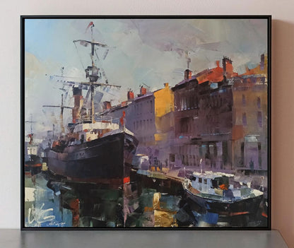 Oil painting Morning Breath by Volodymyr Gluhomanyuk, impressionist harbor scene