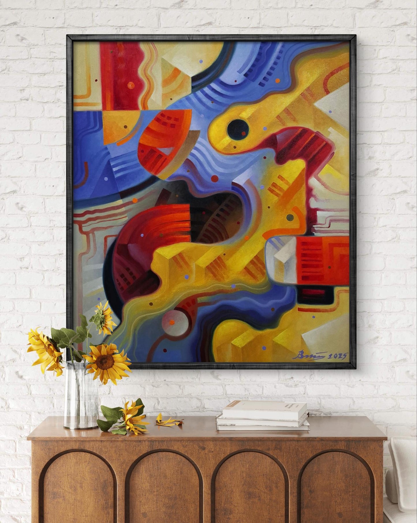 Oil painting Yin Yang Abstraction by Sergiy Voichenko with vibrant swirls in black frame
