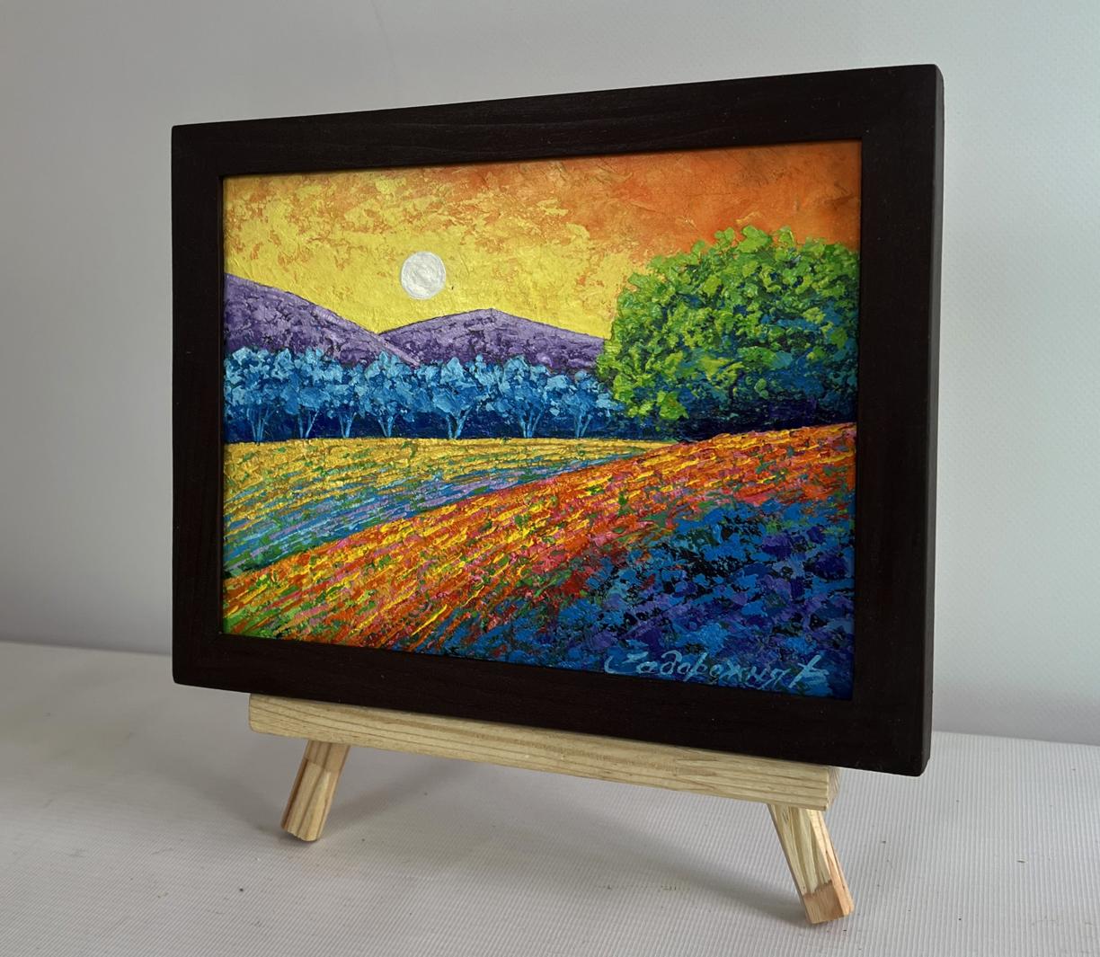 Oil painting Quiet evening in blue shadows by V. Zadorozhnya in black frame