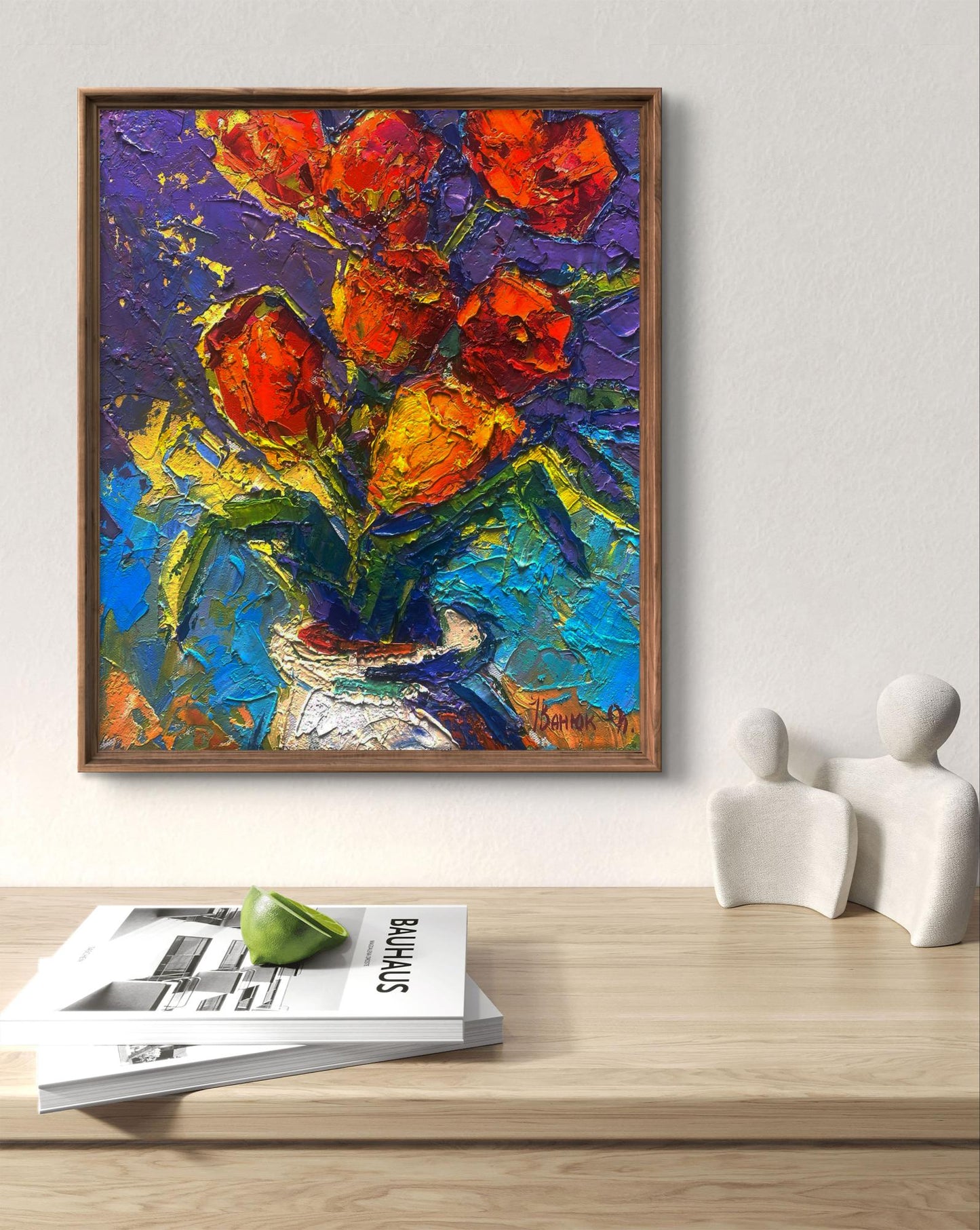 Vibrant orange yellow tulips in white vase oil painting by Oleksiy Ivanyuk