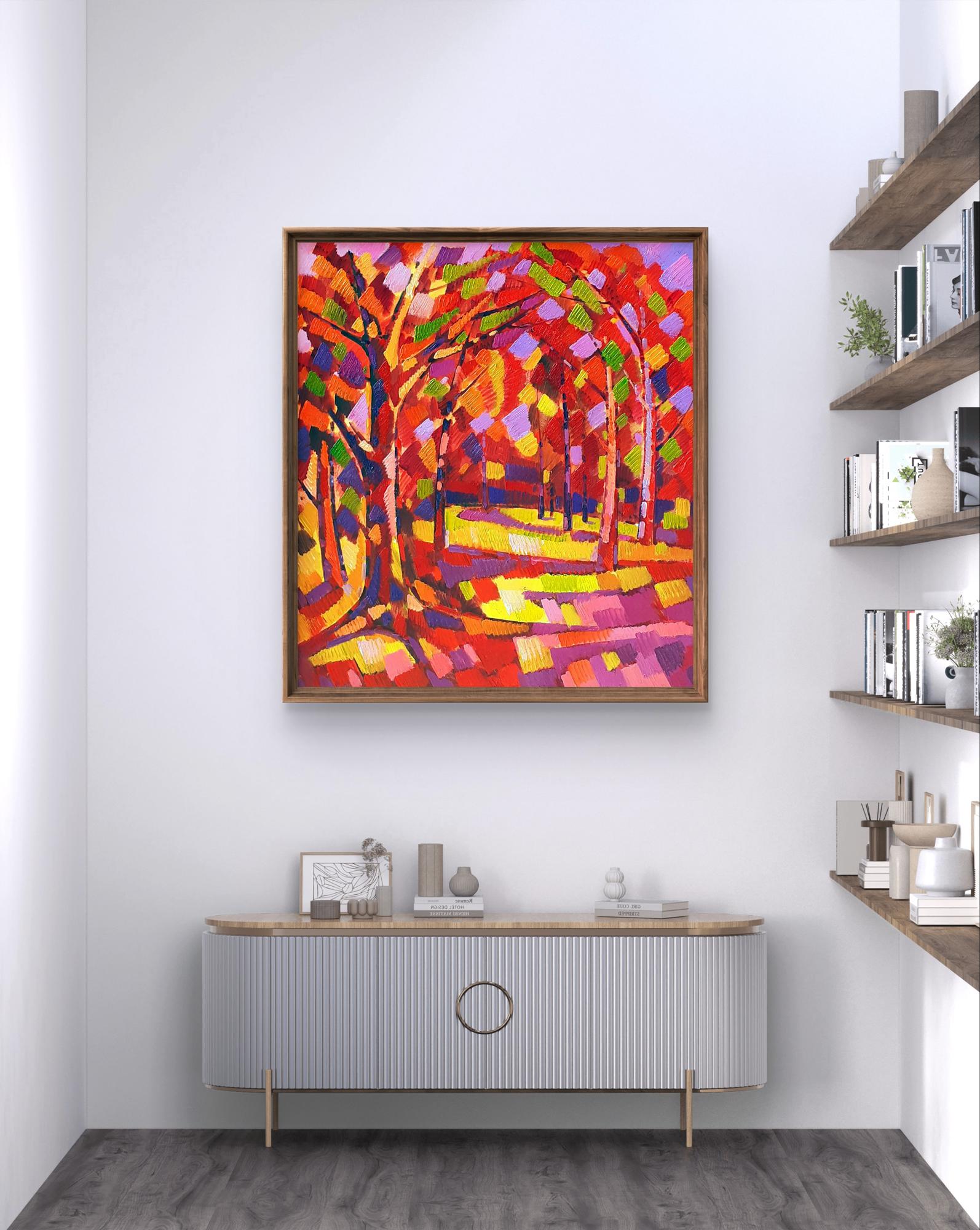 Oil painting Autumn Peter Dobrev vibrant abstract forest in wooden frame