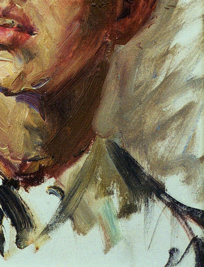 Oil painting portrait of a boy by Vasily Korkishko in earthy tones