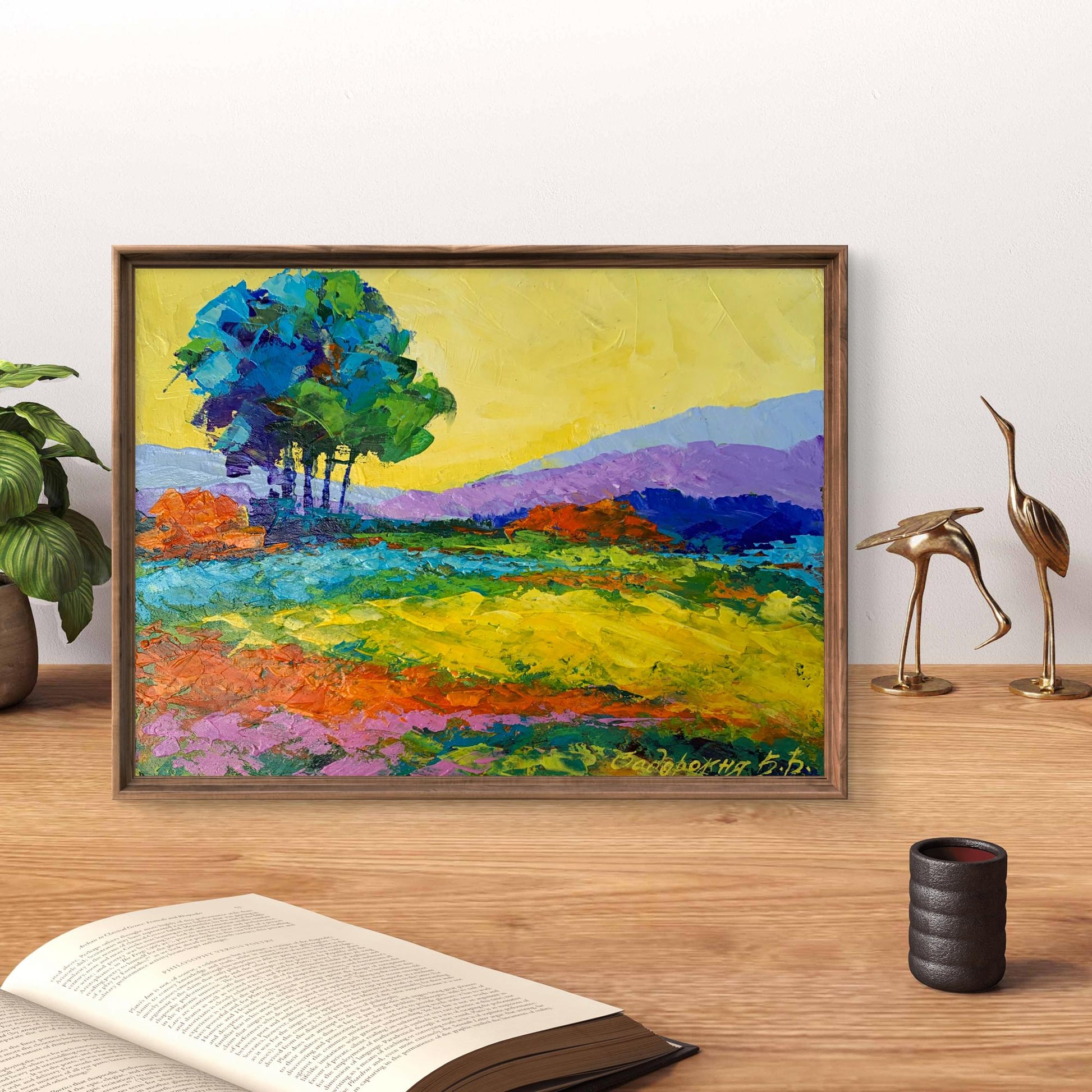 Oil painting Sunset is approaching by V. Zadorozhnya in rustic frame