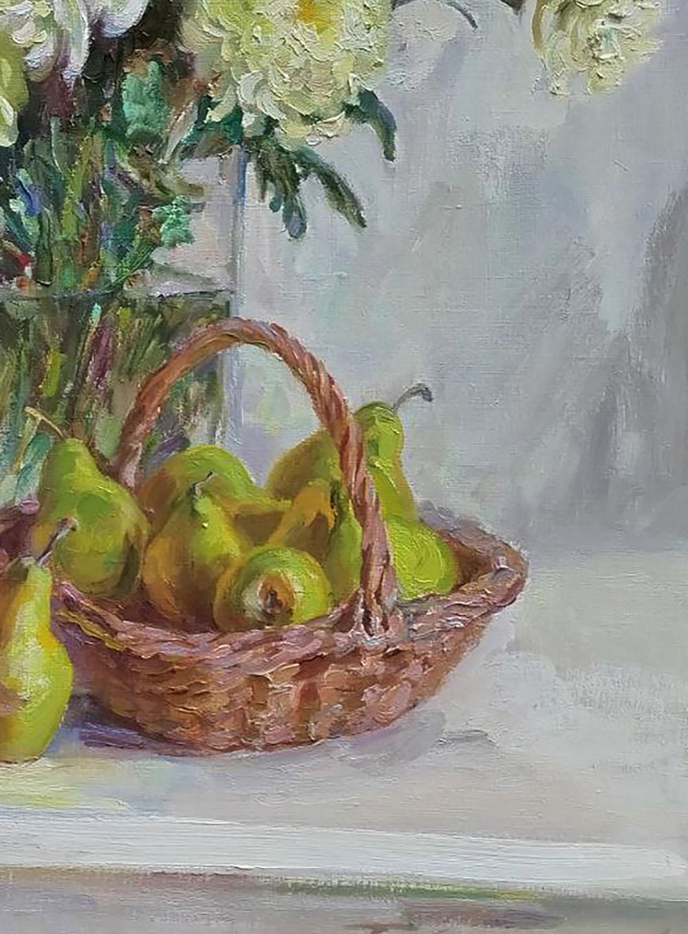 Oil painting by Leonid Pavlenko: woven brown basket with green pears