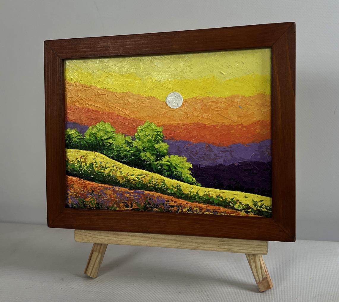 Oil painting of vibrant sunset over hills by V. Zadorozhnya