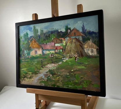 Oil painting A quiet village corner by Yuriy Suprunchuk in black frame