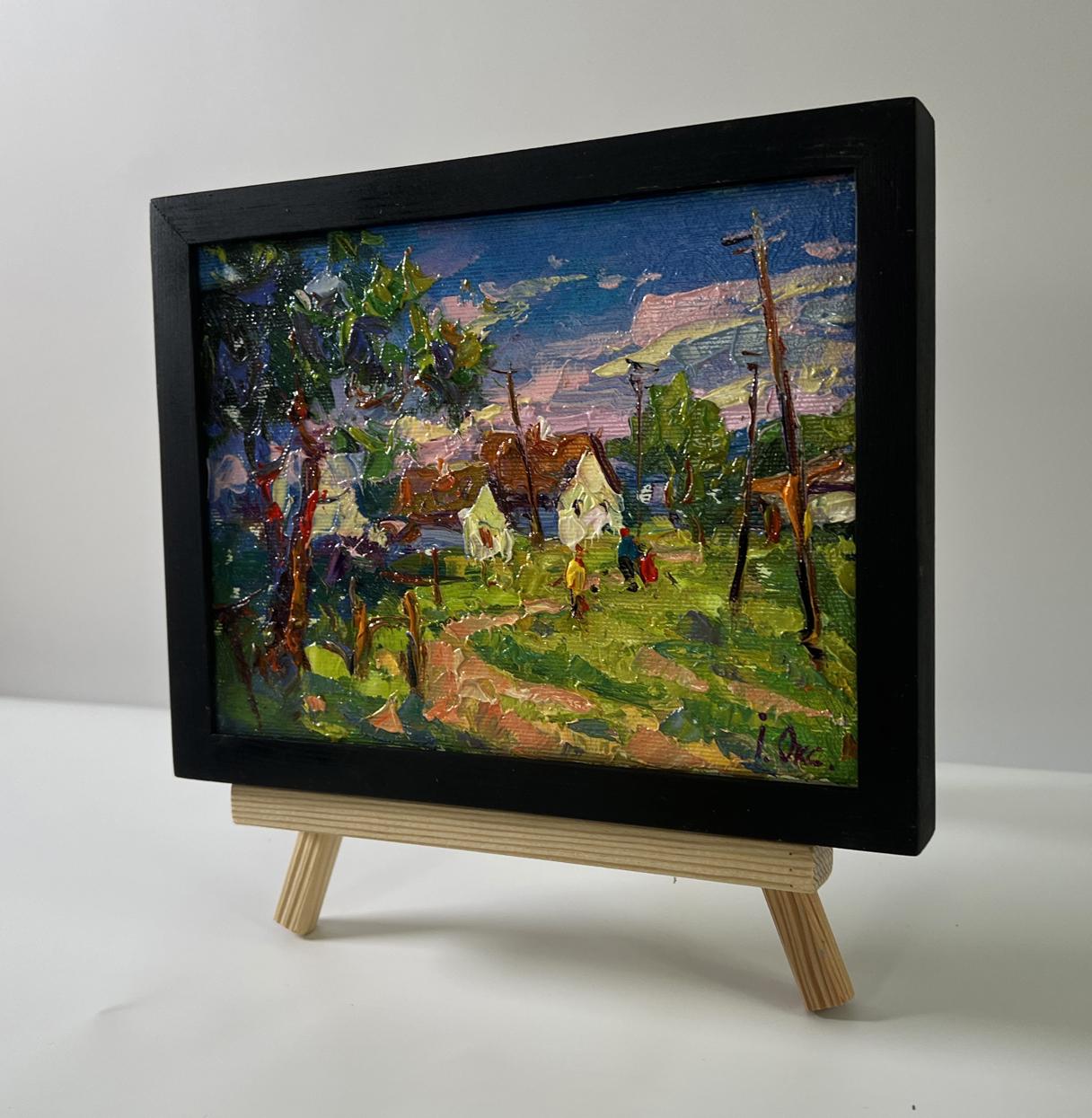 Oil painting Edge of the village by Oksana Ivanyuk in black frame
