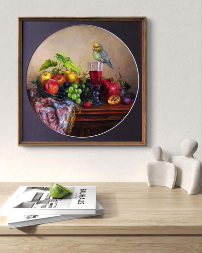Oil painting Yummy treats Valeriy Bulat: vibrant fruits, bird on glass in wooden frame