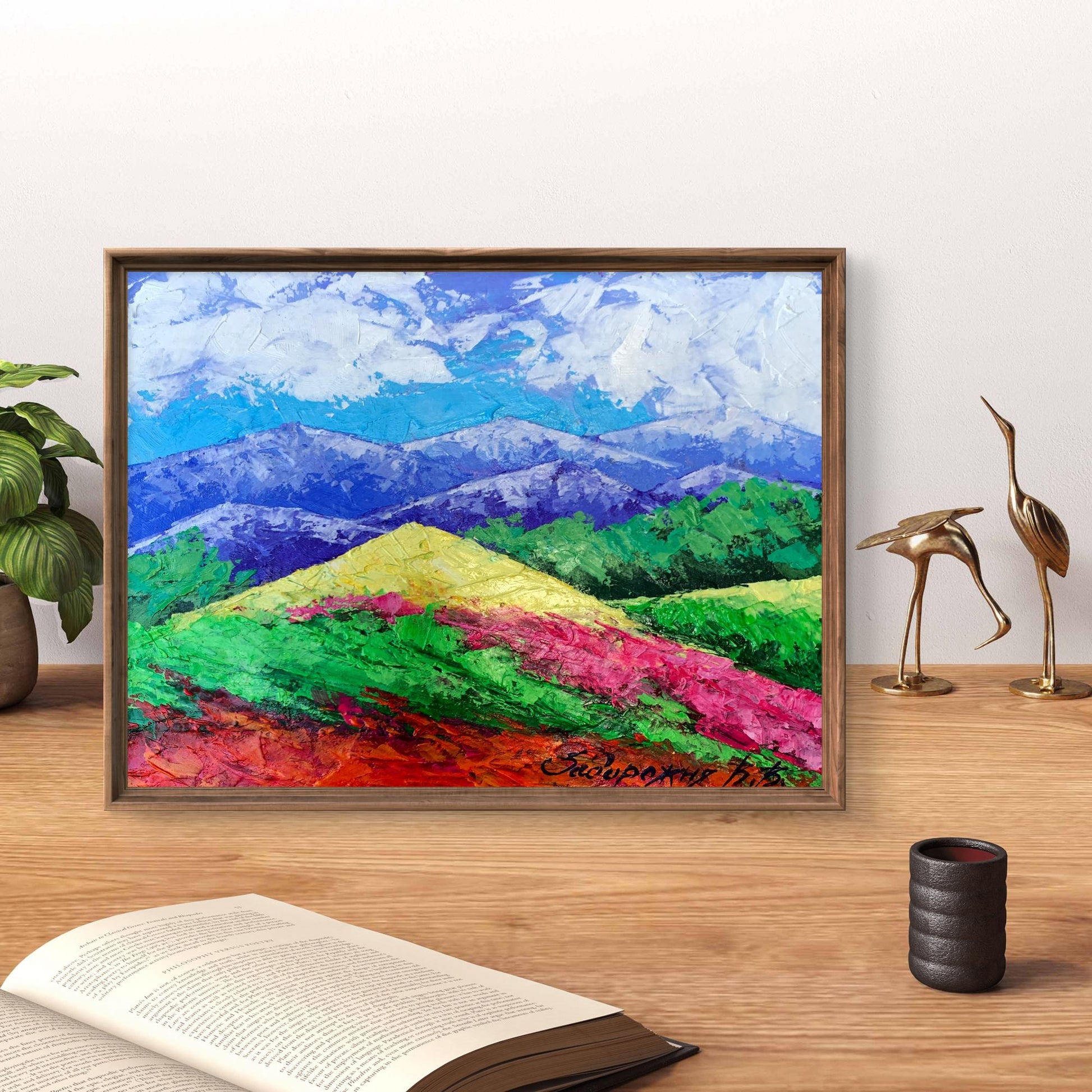 Oil painting of mountains and clouds by V. Zadorozhnya in wooden frame