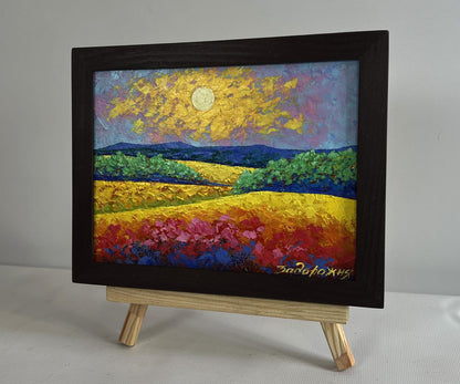 Oil painting Evening sun over the fields by V. Zadorozhnya in wooden frame