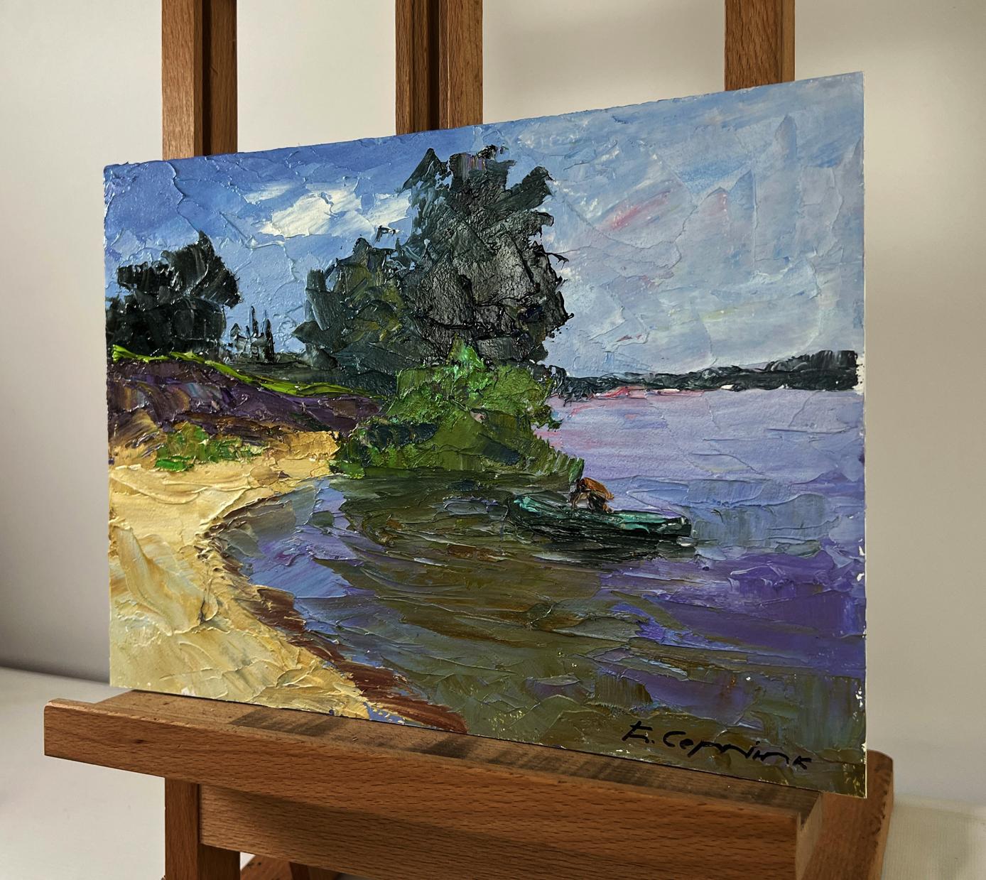 Oil painting Thoughts of a lonely fisherman by Boris Serdyuk lakeside scene